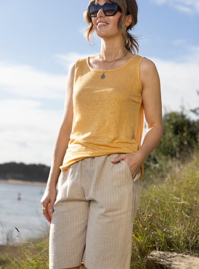 MAISON SOLFIN - Bermuda femme en coton et lin beige
