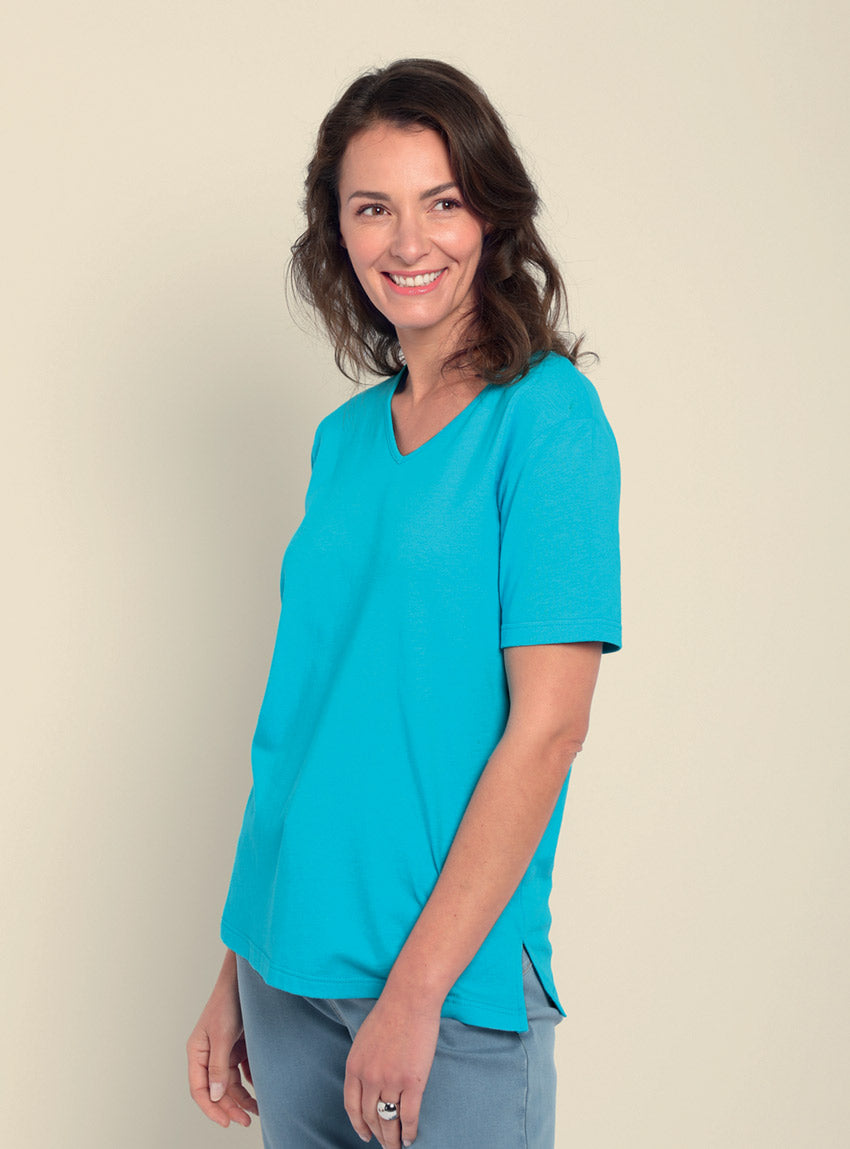 7731 BLEU TURQUOISE 2 25PC Maison-solfin - Tee-shirt femme en coton et lin bleu turquoise – 4