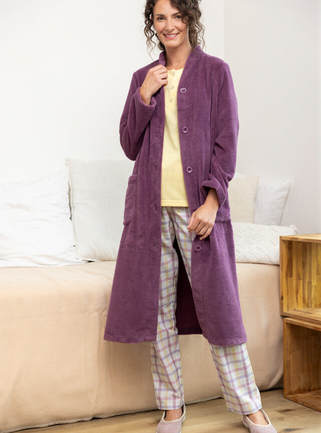 Robe de chambre femme en bambou et coton rose violine par la marque MAISON SOLFIN MAISON SOLFIN - Robe de chambre femme en bambou et coton rose violine