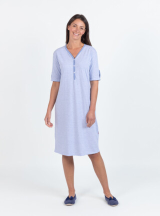 MAISON SOLFIN - Chemise de nuit femme en coton rayé bleu