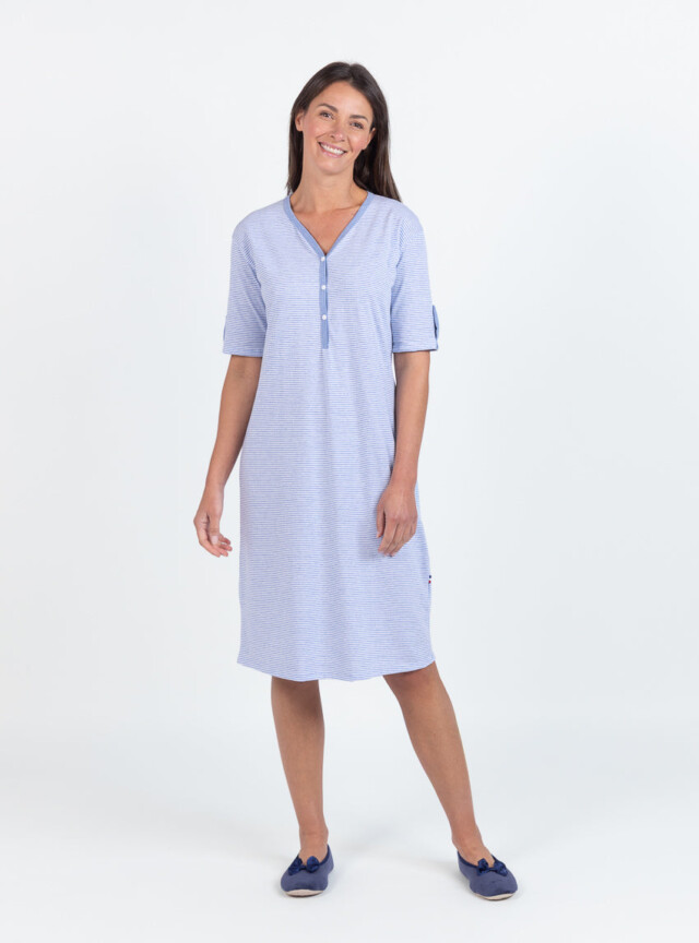 MAISON SOLFIN - Chemise de nuit femme en coton rayé bleu