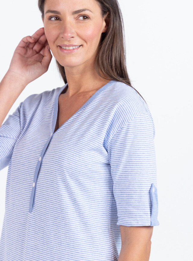 Maison Solfin - Chemise de nuit femme en coton rayé bleu – 5