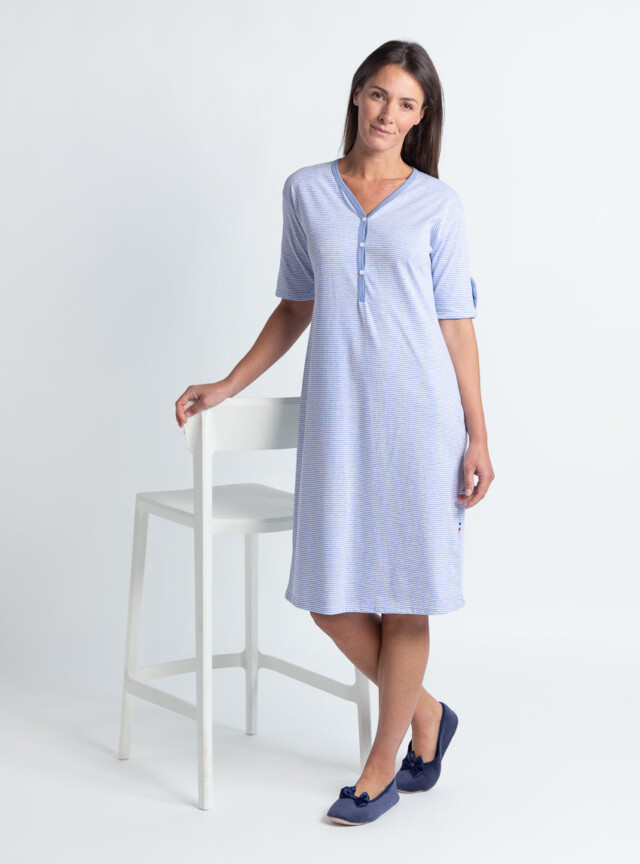 Maison Solfin - Chemise de nuit femme en coton rayé bleu – 5