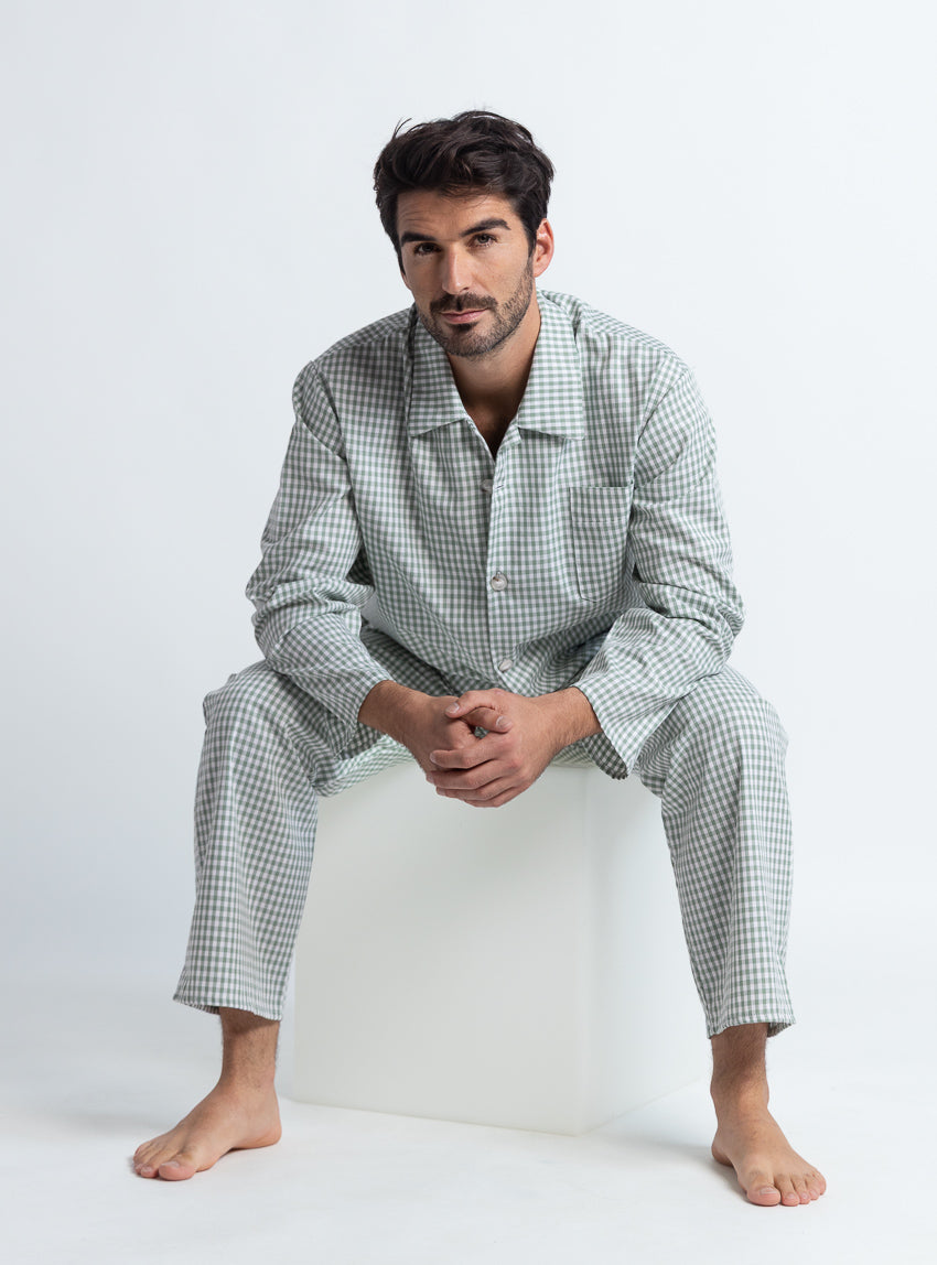 7734 vert sauge 7 Maison Solfin - Pyjama homme en coton carreaux vert sauge – 6