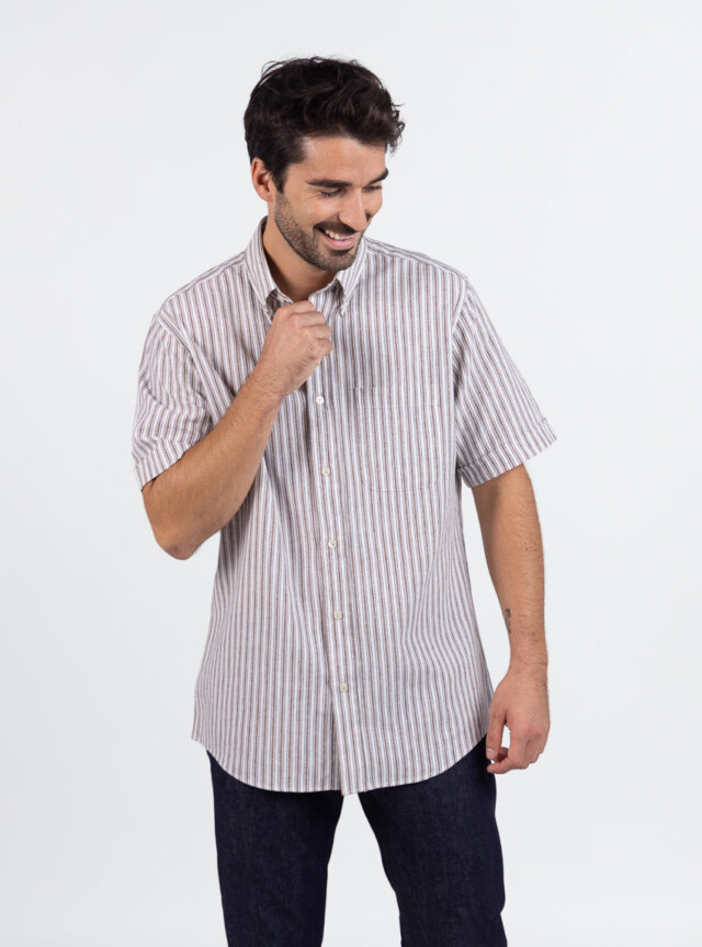 Maison Solfin - Chemise estivale homme coton rayé marron – 6
