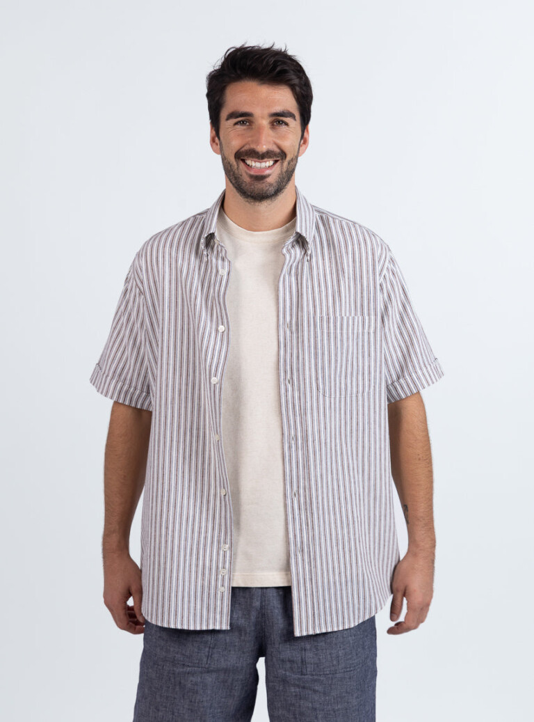Maison Solfin - Chemise estivale homme coton rayé marron – 3