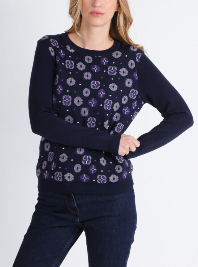 Pull jacquard femme en laine mérinos bleu par la marque MAISON SOLFIN MAISON SOLFIN - Pull jacquard femme en laine mérinos bleu