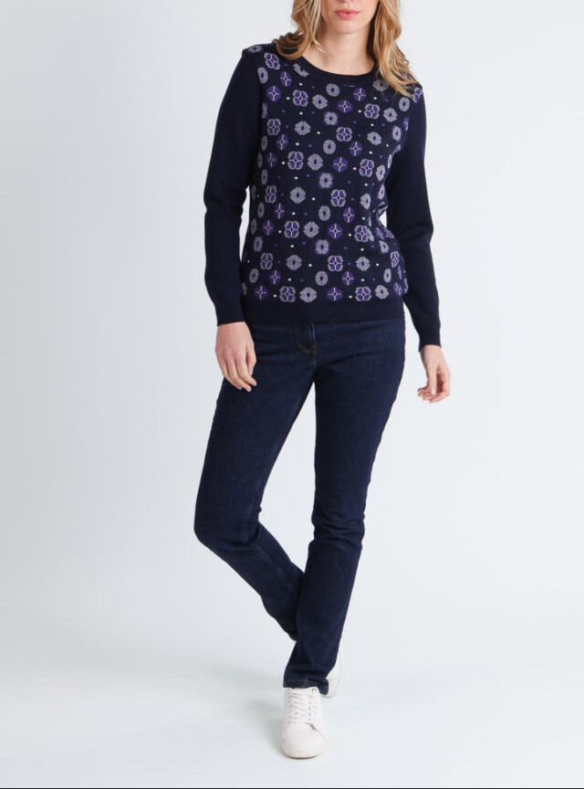 Maison Solfin - Pull jacquard femme en laine mérinos bleu – 42