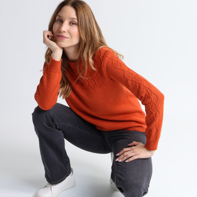 Maison Solfin - Pull femme torsades laine mérinos orange – 50