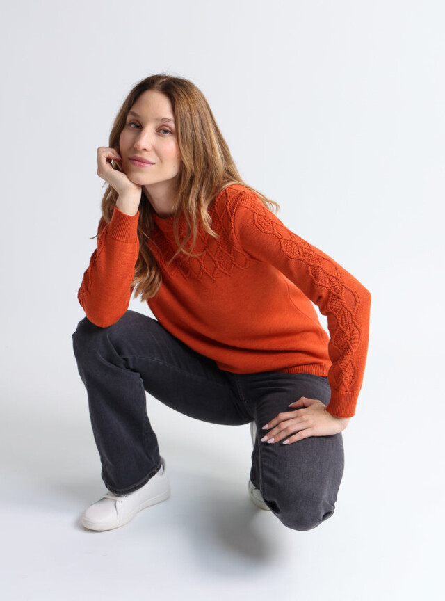 Maison Solfin - Pull femme torsades laine mérinos orange – 50