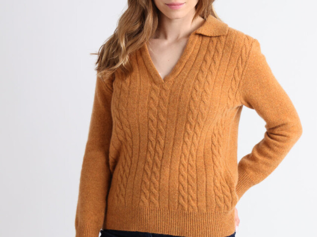 Maison Solfin - Pull femme laine mérinos col polo jaune – 4