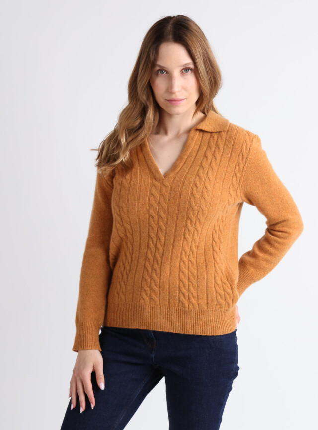 MAISON SOLFIN - Pull femme laine mérinos col polo jaune
