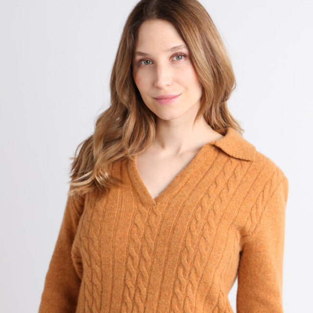 Maison Solfin - Pull femme laine mérinos col polo jaune – 4