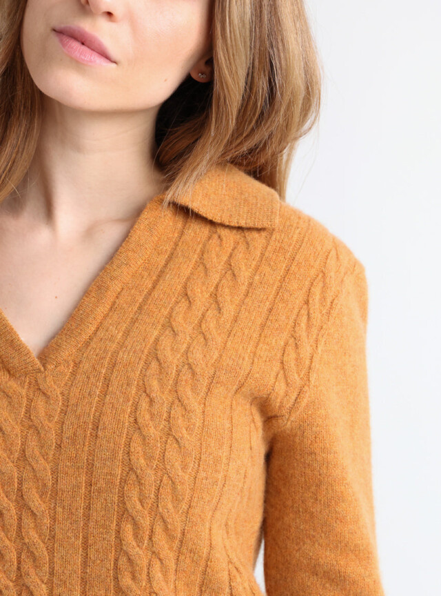 Maison Solfin - Pull femme laine mérinos col polo jaune – 4