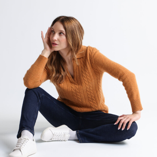 Maison Solfin - Pull femme laine mérinos col polo jaune – 4