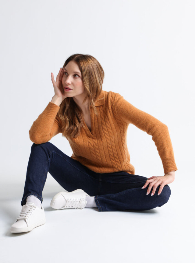 Maison Solfin - Pull femme laine mérinos col polo jaune – 4