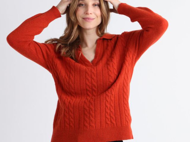 7765 orange brule pull 1 Maison Solfin - Pull femme laine mérinos col polo orange – 4
