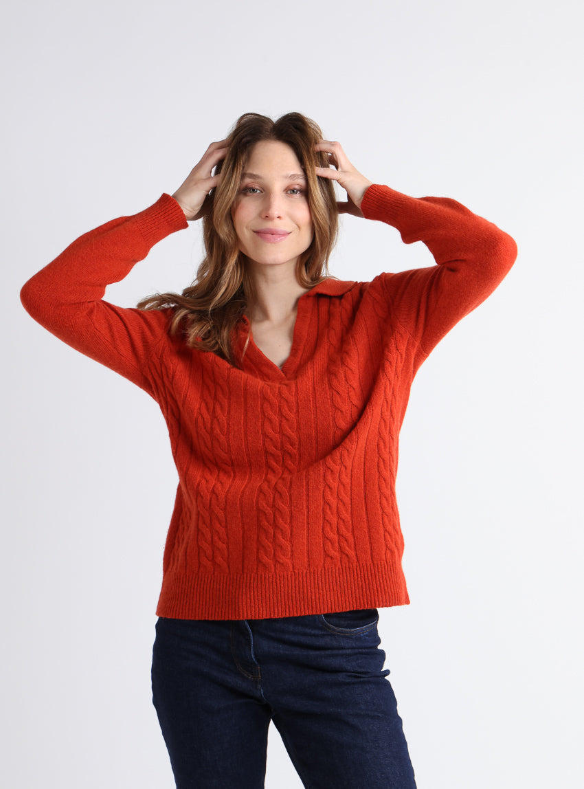 7765 orange brule pull 1 Maison Solfin - Pull femme laine mérinos col polo orange – 4
