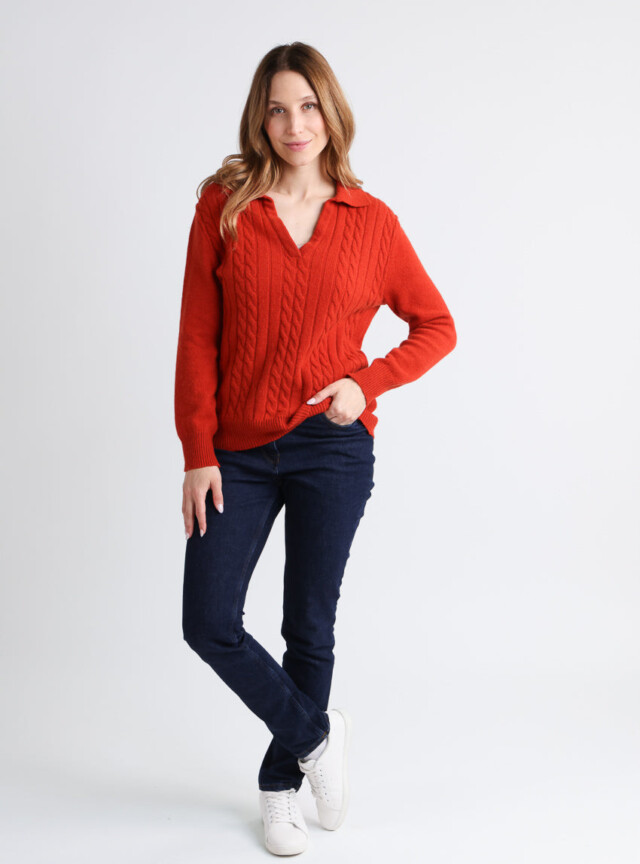 Maison Solfin - Pull femme laine mérinos col polo orange – 4