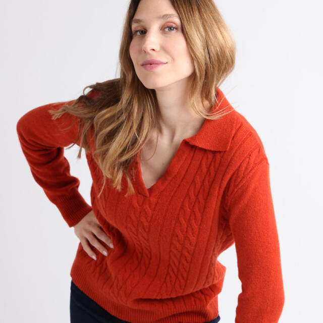 Maison Solfin - Pull femme laine mérinos col polo orange – 4