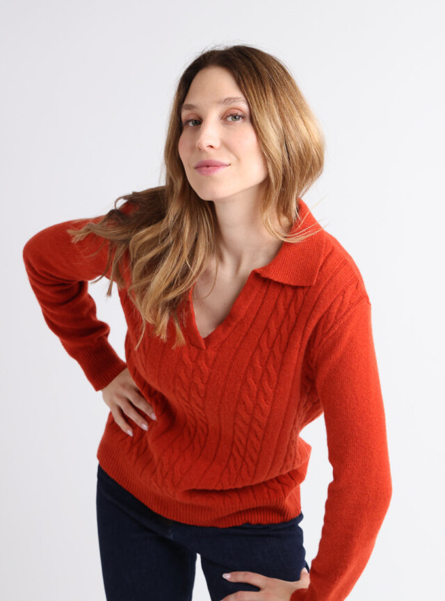 Maison Solfin - Pull femme laine mérinos col polo orange – 4