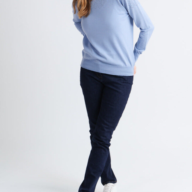 Maison Solfin - Pull femme col et maille fantaisie en laine mérinos bleu aster – 50