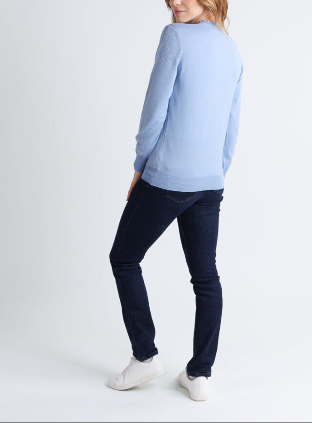 Maison Solfin - Pull femme col et maille fantaisie en laine mérinos bleu aster – 50