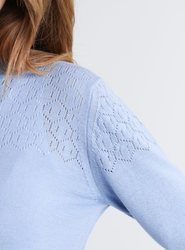 Maison Solfin - Pull femme col et maille fantaisie en laine mérinos bleu aster – 50