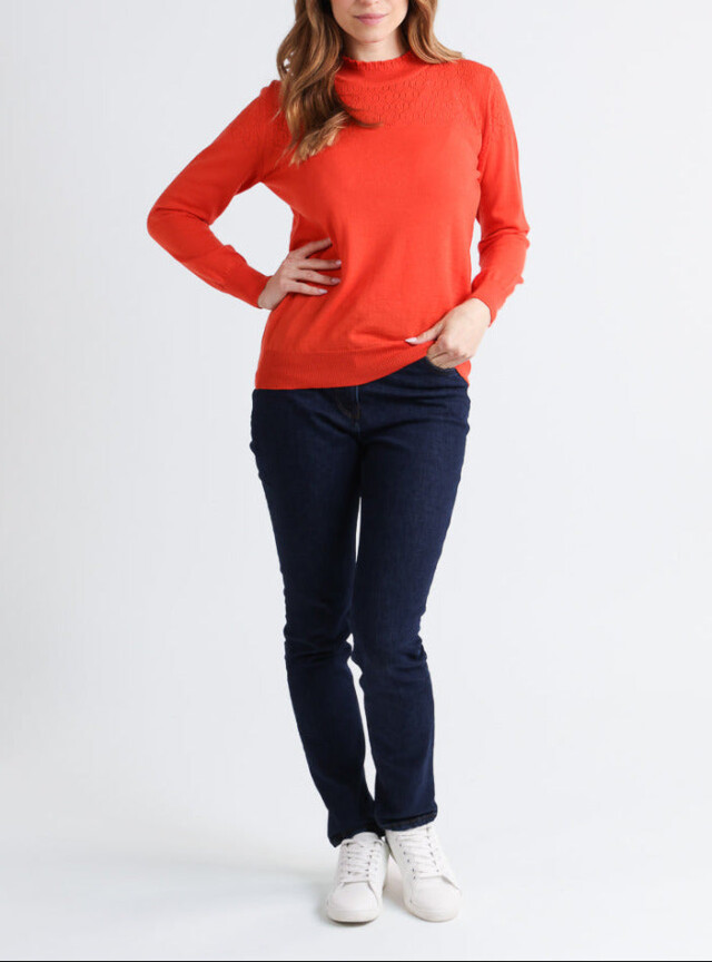 Maison Solfin - Pull femme col et maille fantaisie en laine mérinos orange – 50