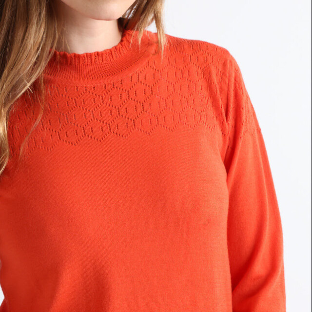 Maison Solfin - Pull femme col et maille fantaisie en laine mérinos orange – 50