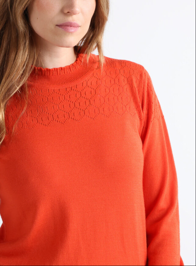 Maison Solfin - Pull femme col et maille fantaisie en laine mérinos orange – 50