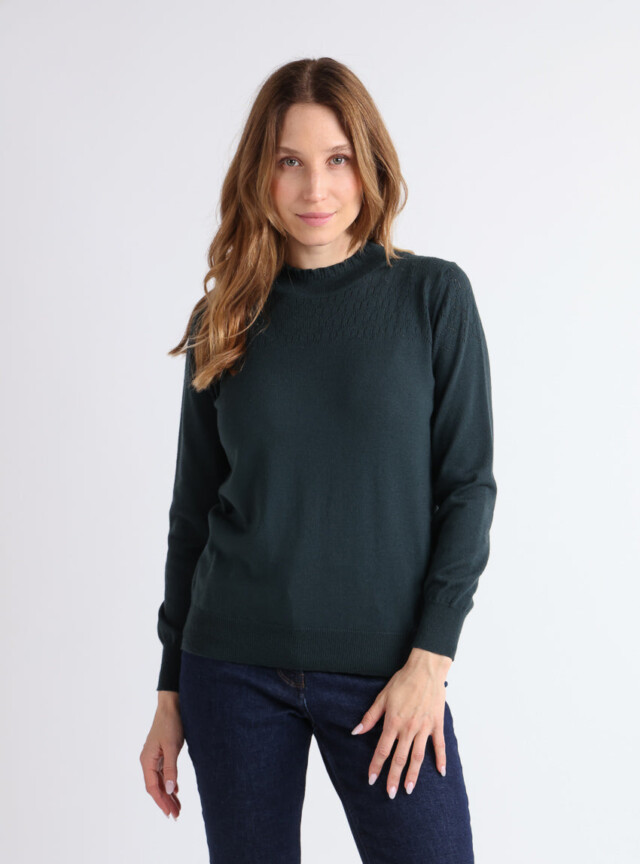 Pull femme col et maille fantaisie en laine merinos vert par la marque MAISON SOLFIN MAISON SOLFIN - Pull femme col et maille fantaisie en laine merinos vert