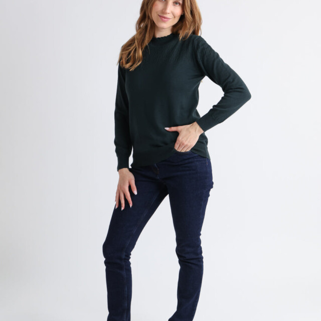 Maison Solfin - Pull femme col et maille fantaisie en laine merinos vert – 44