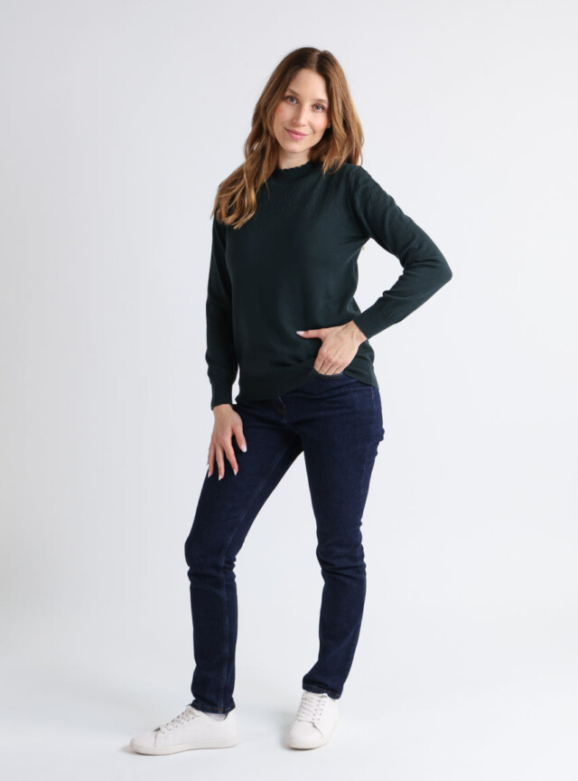 Maison Solfin - Pull femme col et maille fantaisie en laine merinos vert – 44