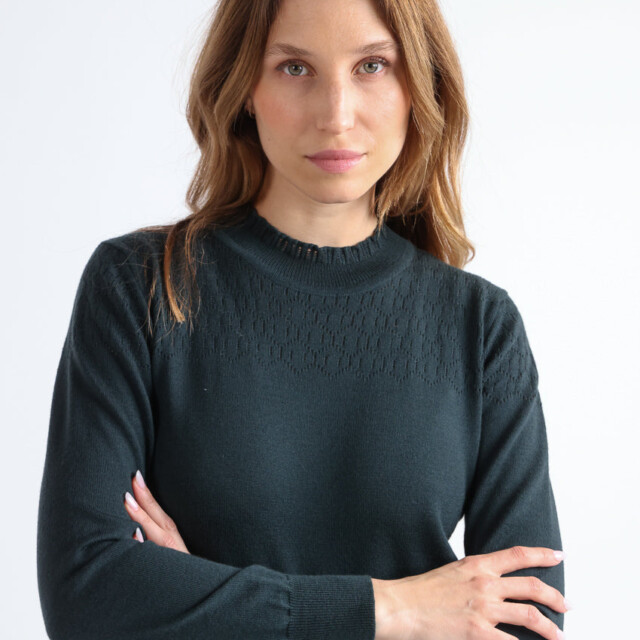 Maison Solfin - Pull femme col et maille fantaisie en laine merinos vert – 44