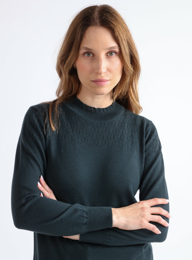 Maison Solfin - Pull femme col et maille fantaisie en laine merinos vert – 44