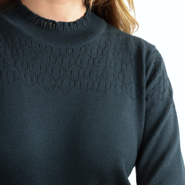 Maison Solfin - Pull femme col et maille fantaisie en laine merinos vert – 44