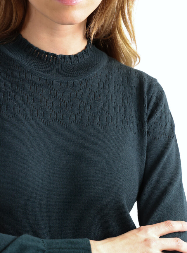 Maison Solfin - Pull femme col et maille fantaisie en laine merinos vert – 44
