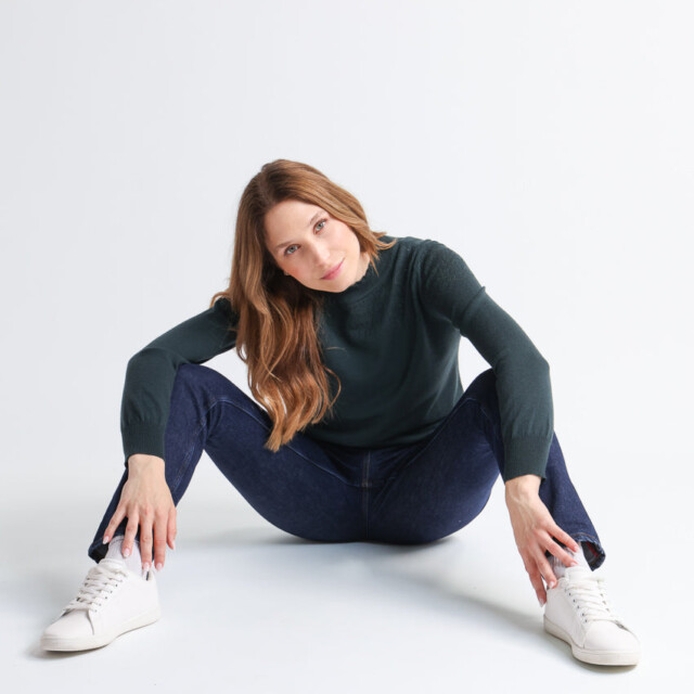 Maison Solfin - Pull femme col et maille fantaisie en laine merinos vert – 44