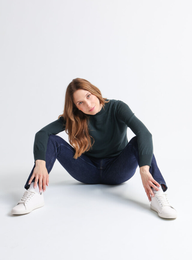 Maison Solfin - Pull femme col et maille fantaisie en laine merinos vert – 44
