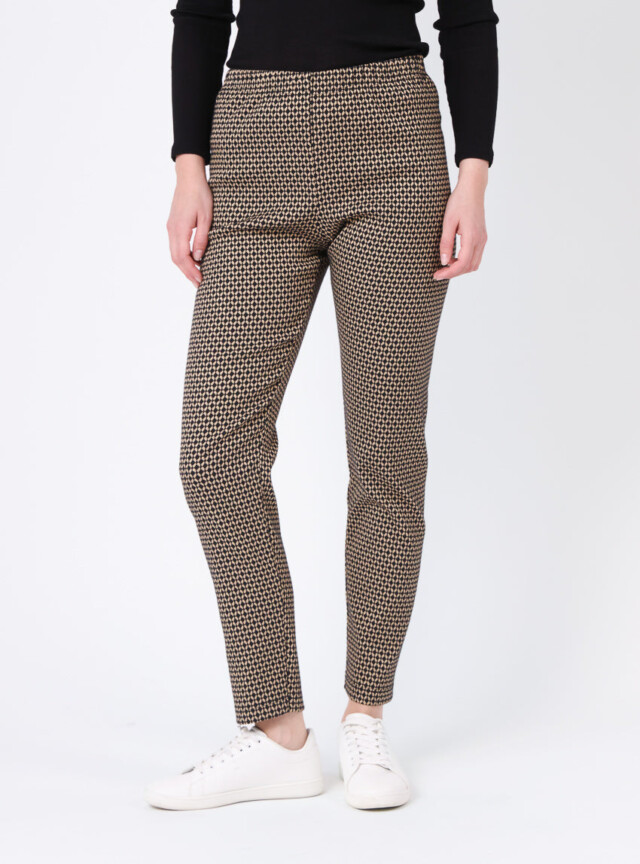 Pantalon femme stretch imprimé noir camel par la marque MAISON SOLFIN MAISON SOLFIN - Pantalon femme stretch imprimé noir camel