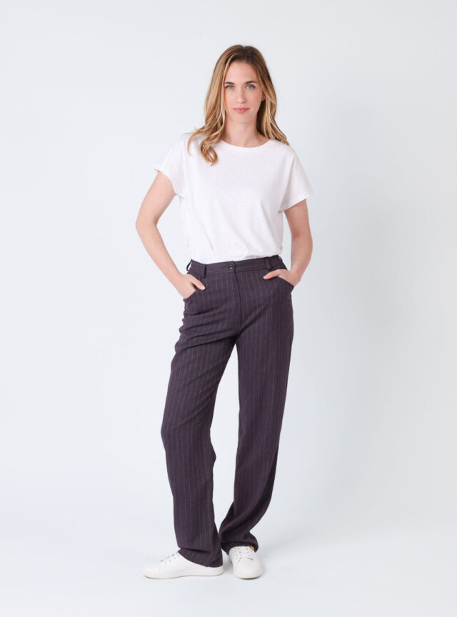 Maison Solfin - Pantalon femme violet prune rayé – 52