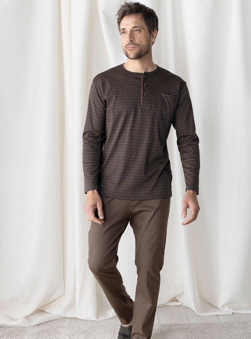 7779 imprime marron 2 Maison Solfin - Pyjama homme en coton marron – 6