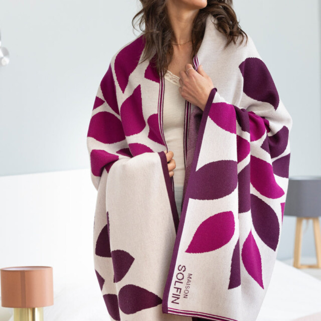 Maison Solfin - Plaid adulte en laine mérinos rose – U