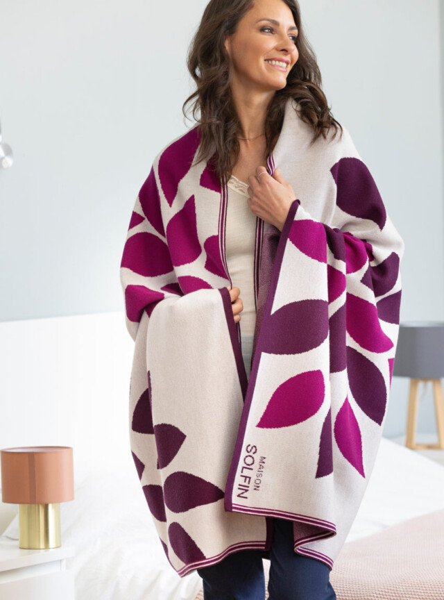 Maison Solfin - Plaid adulte en laine mérinos rose – U