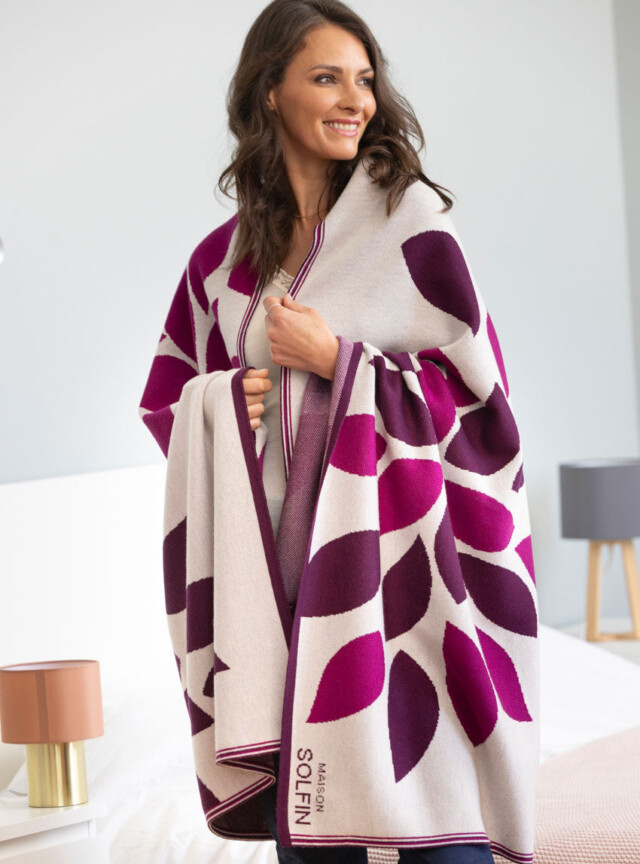 Maison Solfin - Plaid adulte en laine mérinos rose – U