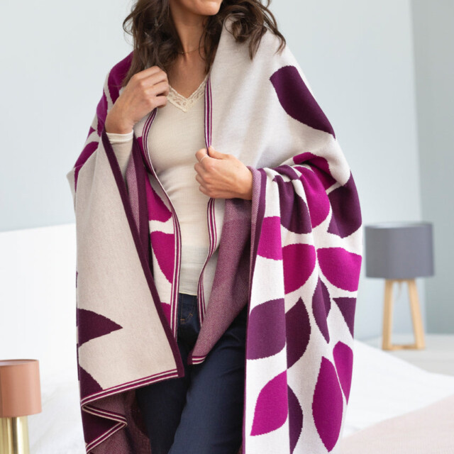 Maison Solfin - Plaid adulte en laine mérinos rose – U