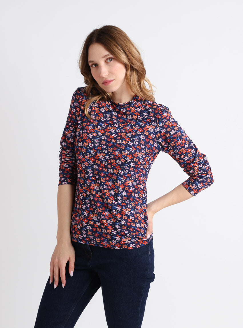 7783 bleu marine 1 Maison Solfin - T-shirt femme coton à fleurs bleu marine – 5