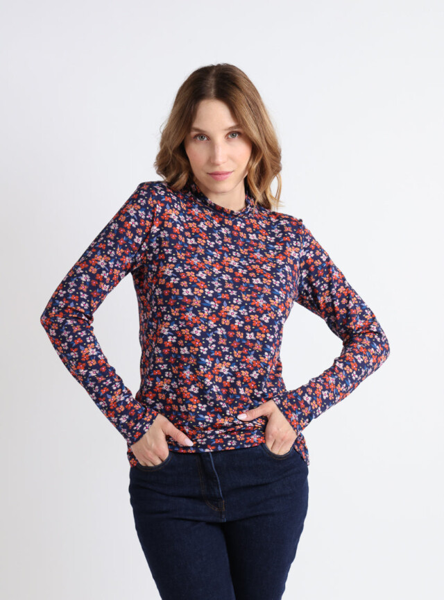 Maison Solfin - T-shirt femme coton à fleurs bleu marine – 5