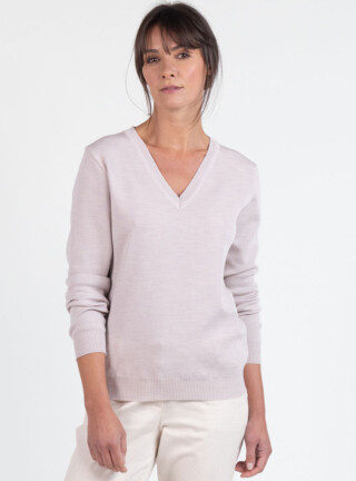 MAISON SOLFIN - Pull femme col V en laine beige naturel